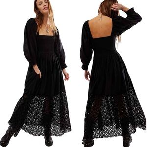NWOT Free People Perfect Storm Midi Dress Black Eyelet Puff Sleeves